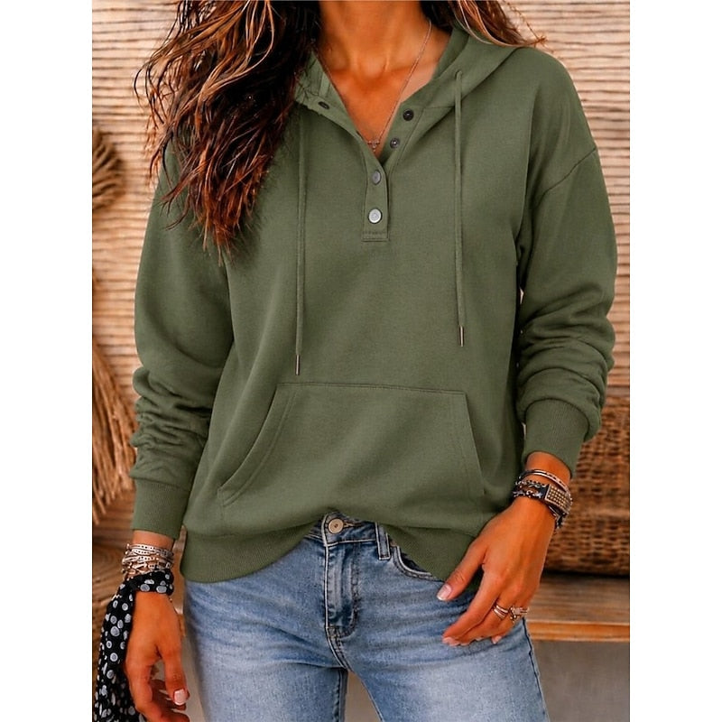 Blythe Henley Button Placket Hoodie – detail view
