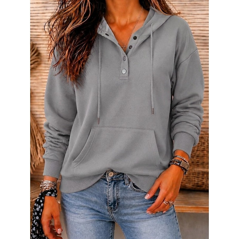 Blythe Henley Button Placket Hoodie – side view