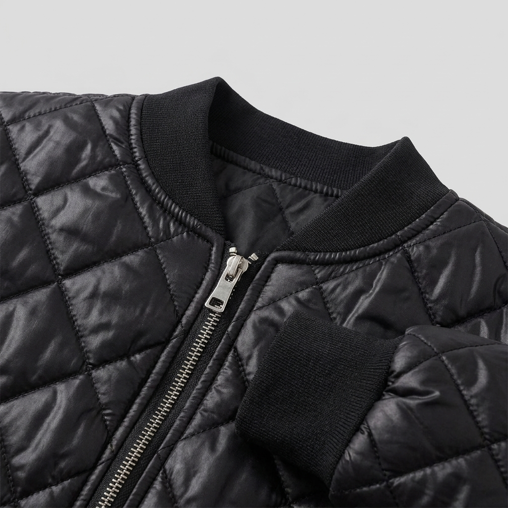 Branford Quilted Bomber Jacket – zip and ribbed collar detail view