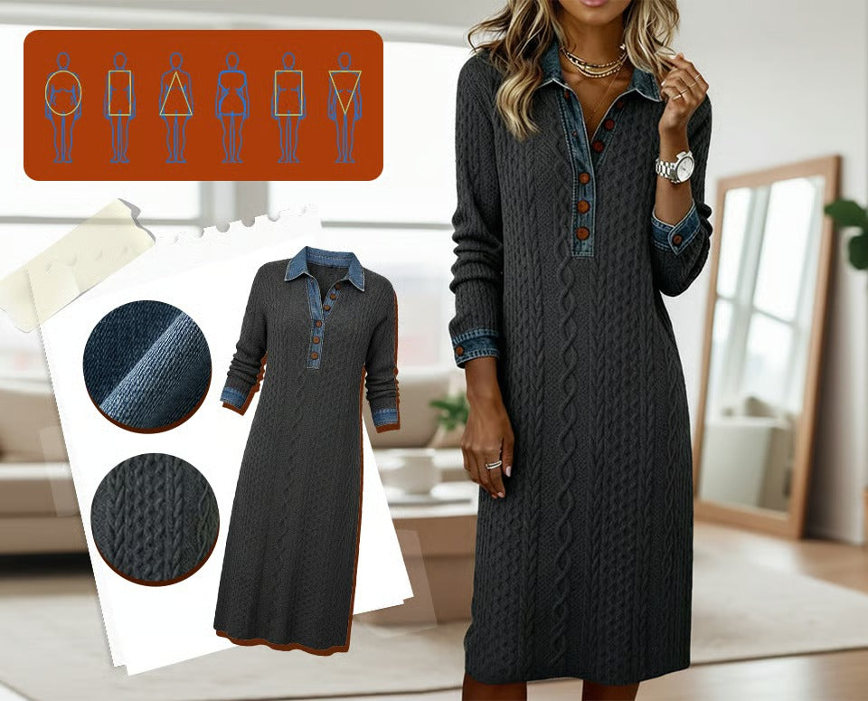 Bresaline Chic Cable Knit Dress with Denim Details – back view