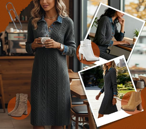 Bresaline Chic Cable Knit Dress with Denim Details – detail view