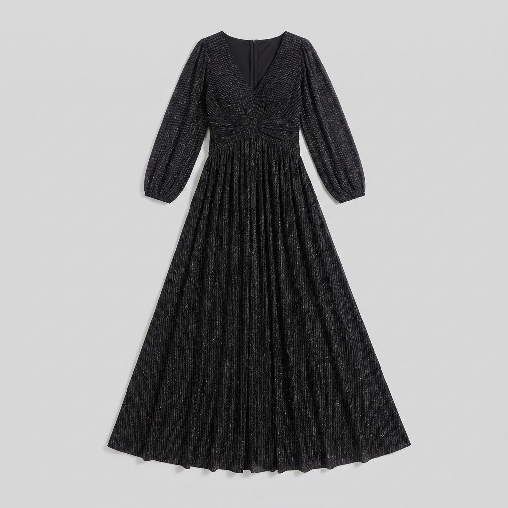 Brym | Pleated Glitter Empire-Waist Gown by Vera Noir – front view