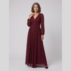 Brym | Pleated Glitter Empire-Waist Gown by Vera Noir – in burgundy