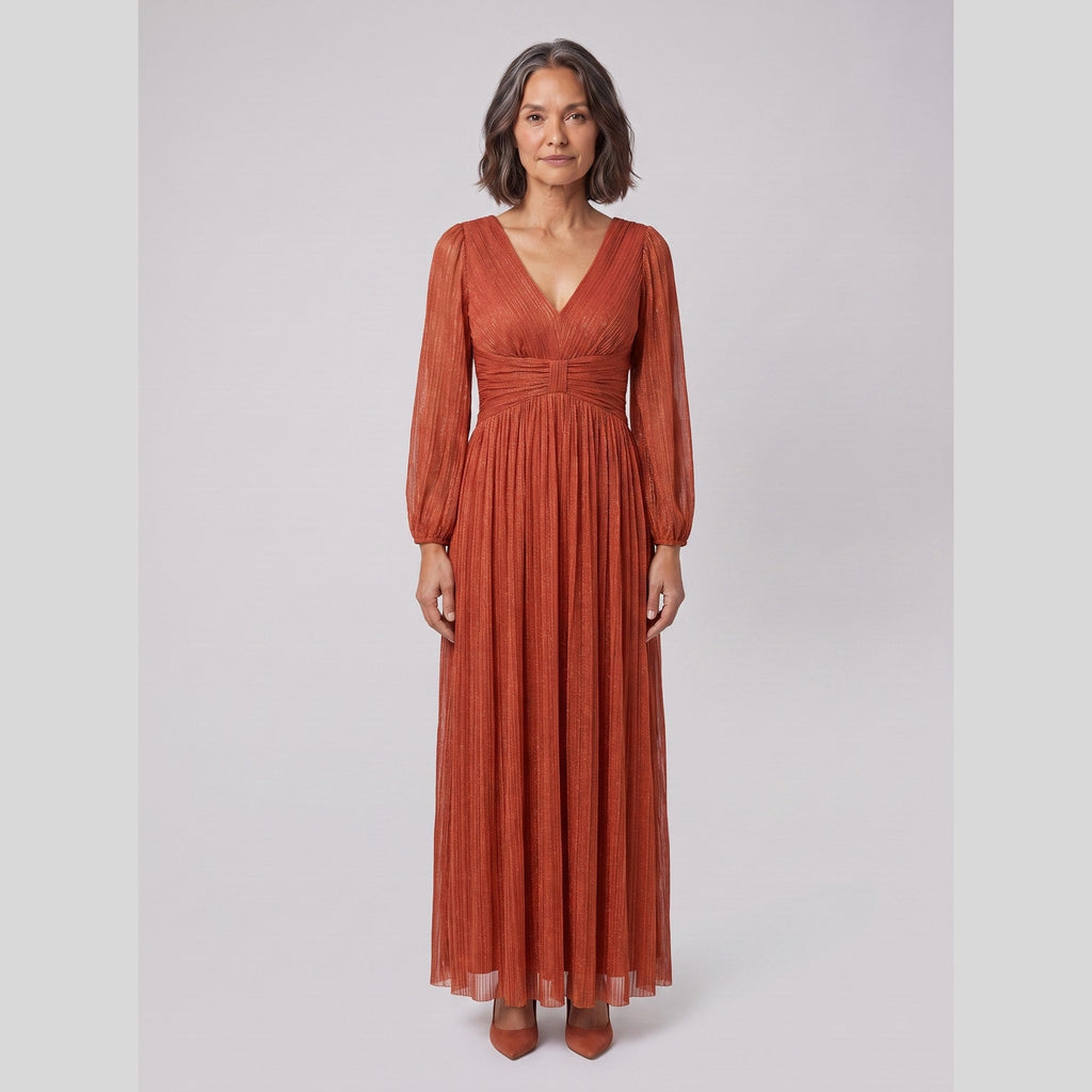 Brym | Pleated Glitter Empire-Waist Gown by Vera Noir – in burnt orange