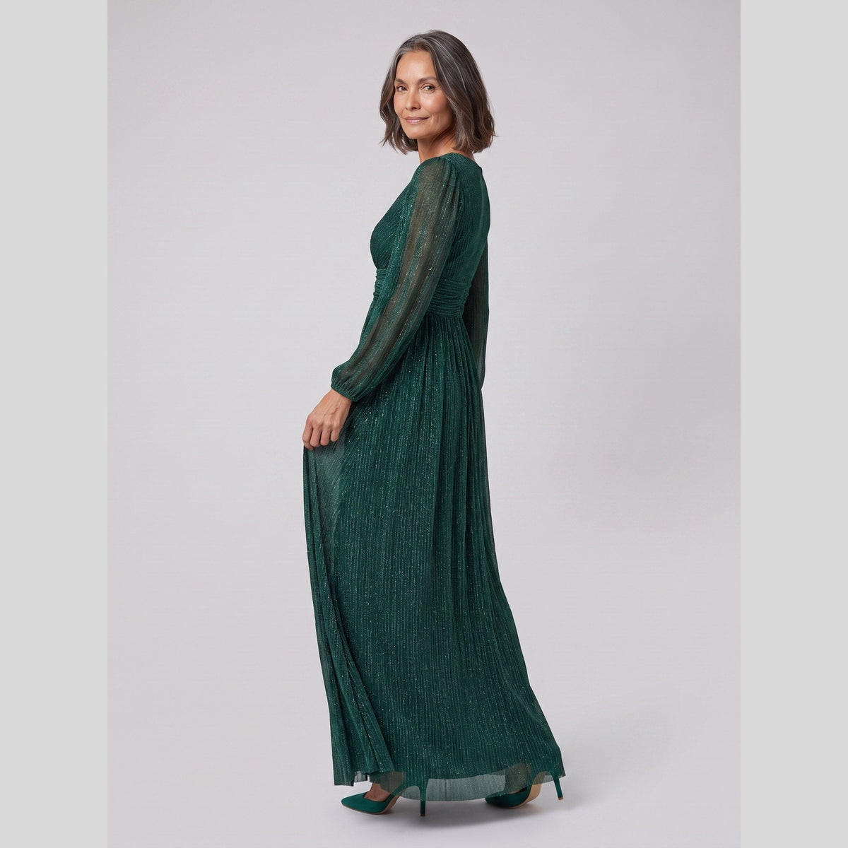 Brym | Pleated Glitter Empire-Waist Gown by Vera Noir – in dark green