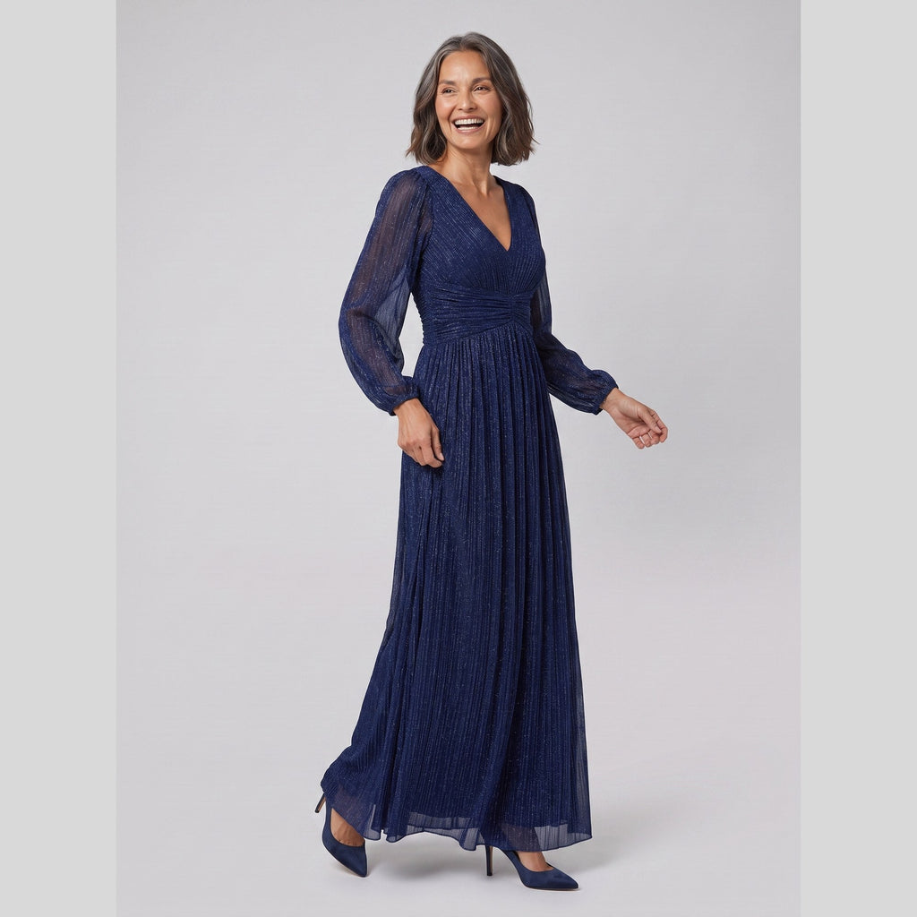 Brym | Pleated Glitter Empire-Waist Gown by Vera Noir – in navy blue