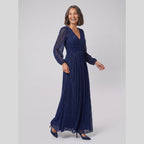 Brym | Pleated Glitter Empire-Waist Gown by Vera Noir – in navy blue