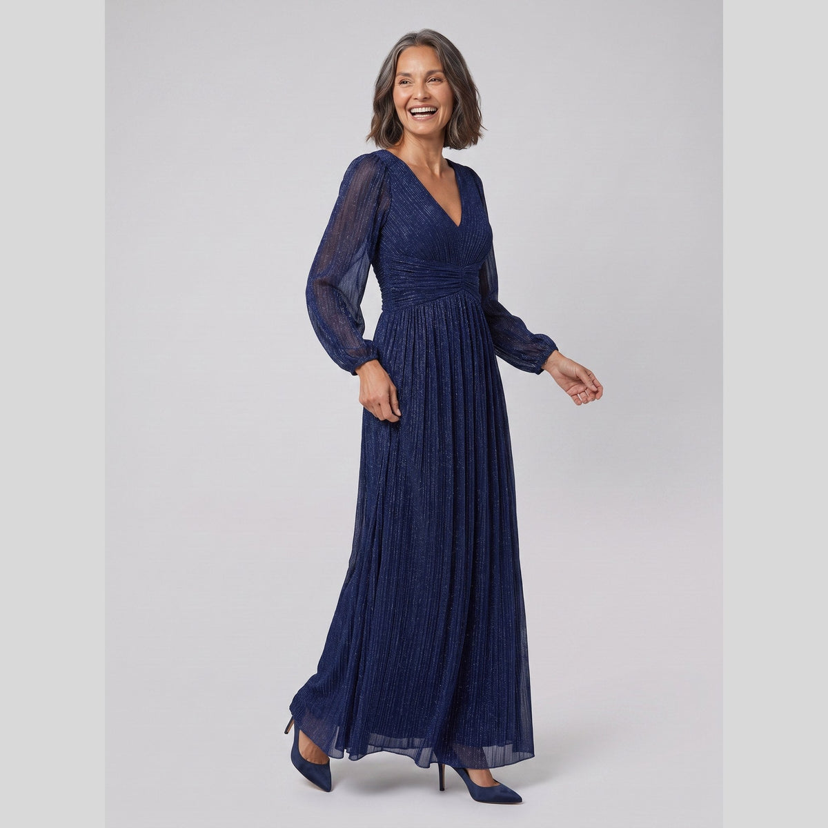 Brym | Pleated Glitter Empire-Waist Gown by Vera Noir – in navy blue