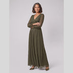 Brym | Pleated Glitter Empire-Waist Gown by Vera Noir – in olive green
