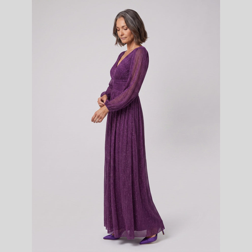 Brym | Pleated Glitter Empire-Waist Gown by Vera Noir – in purple wisteria