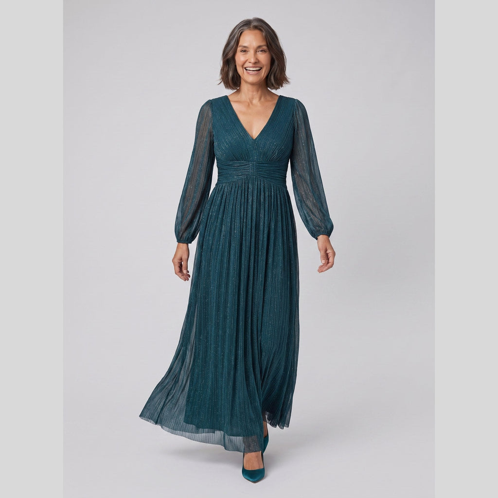 Brym | Pleated Glitter Empire-Waist Gown by Vera Noir – in teal