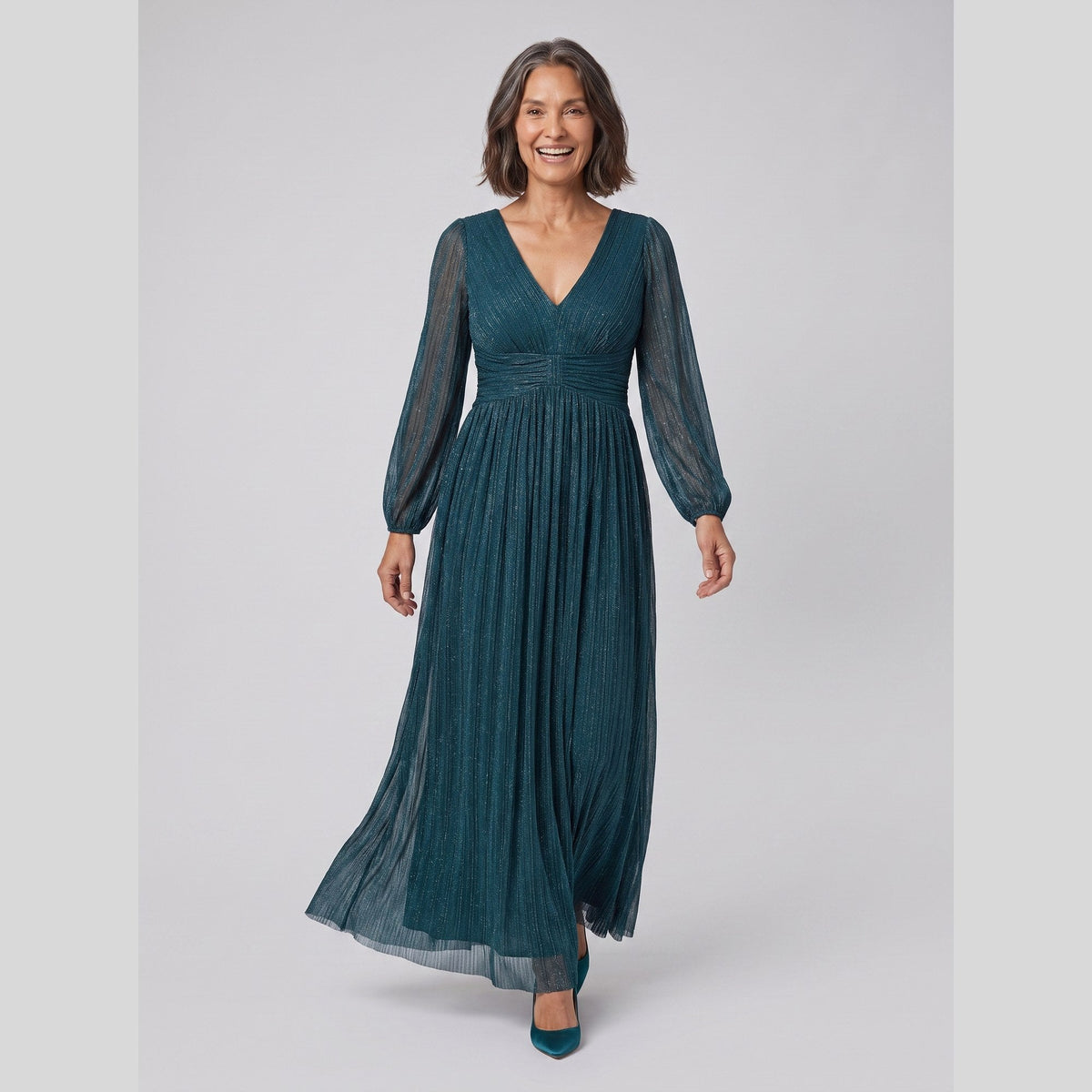 Brym | Pleated Glitter Empire-Waist Gown by Vera Noir – in teal