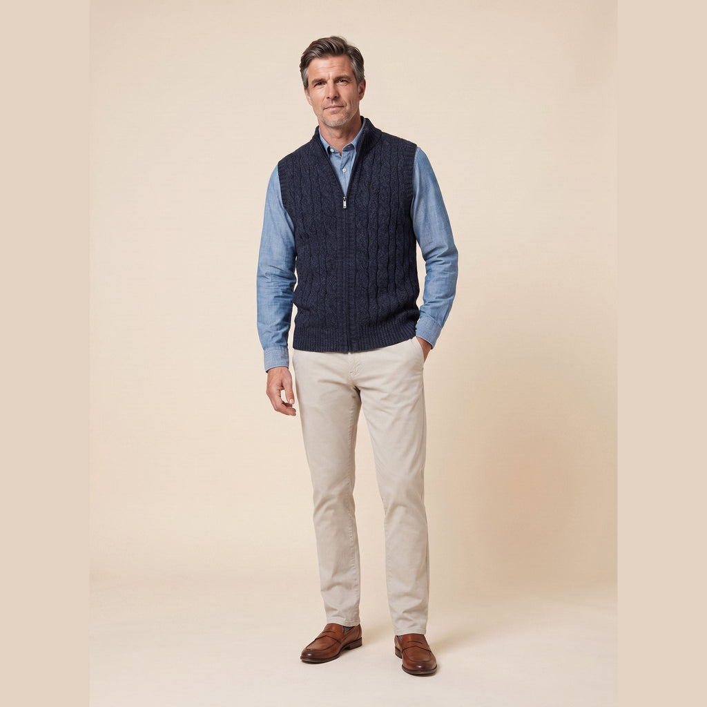 Cable Knit Sweater Vest in navy blue – front view