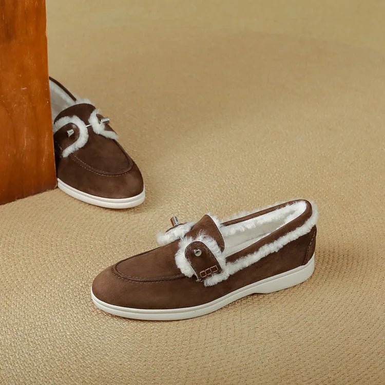 Calista | Fur-Trimmed Suede Loafers – front view brown