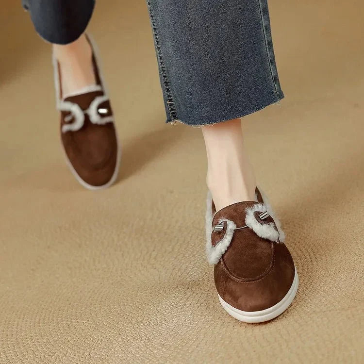 Calista | Fur-Trimmed Suede Loafers – styled walking view