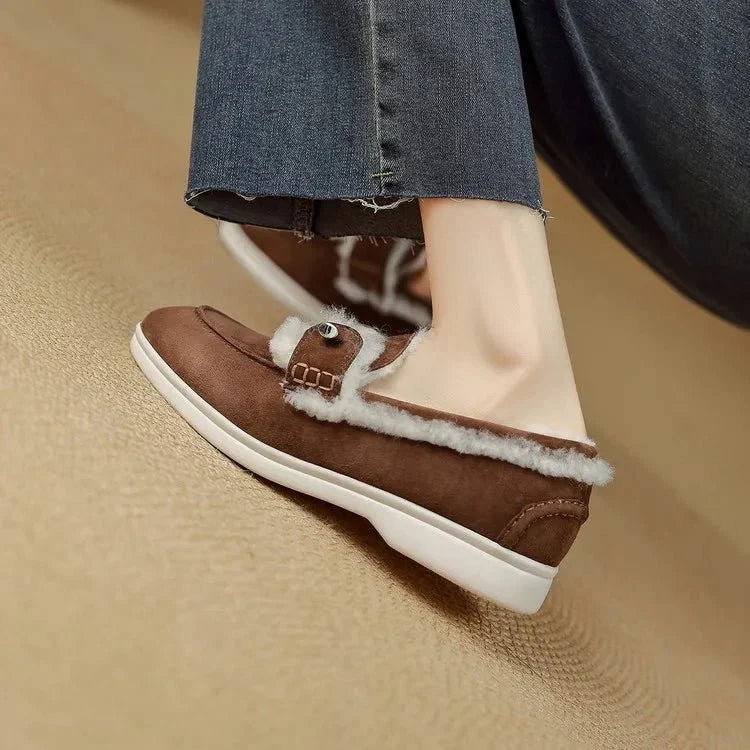 Calista | Fur-Trimmed Suede Loafers – styled side view dark brown