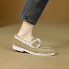Calista | Fur-Trimmed Suede Loafers – styled side view beige