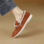 Calista | Fur-Trimmed Suede Loafers – styled view red