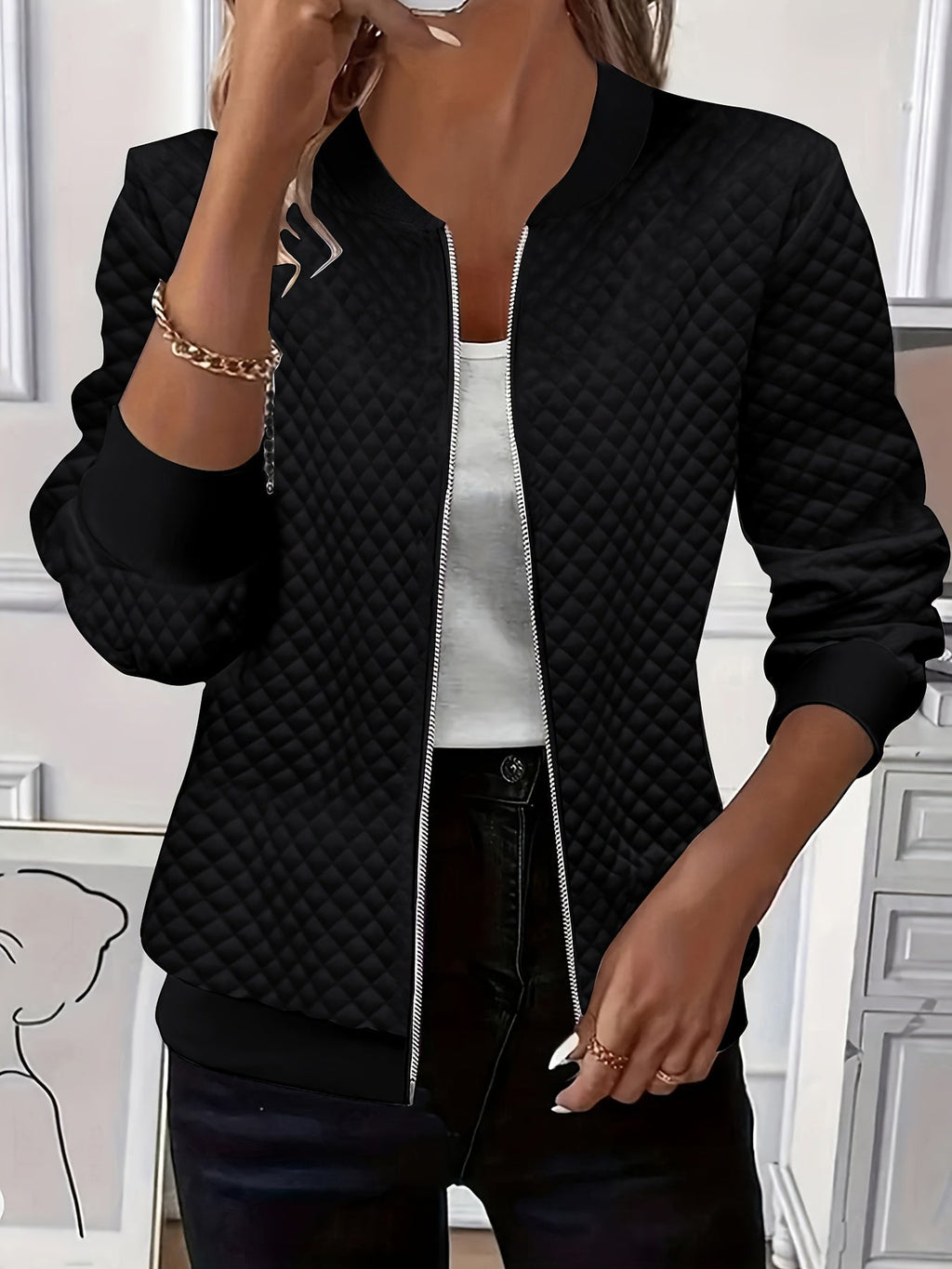 Carolyn Diamond-Quilted Zip Bomber Jacket – back view