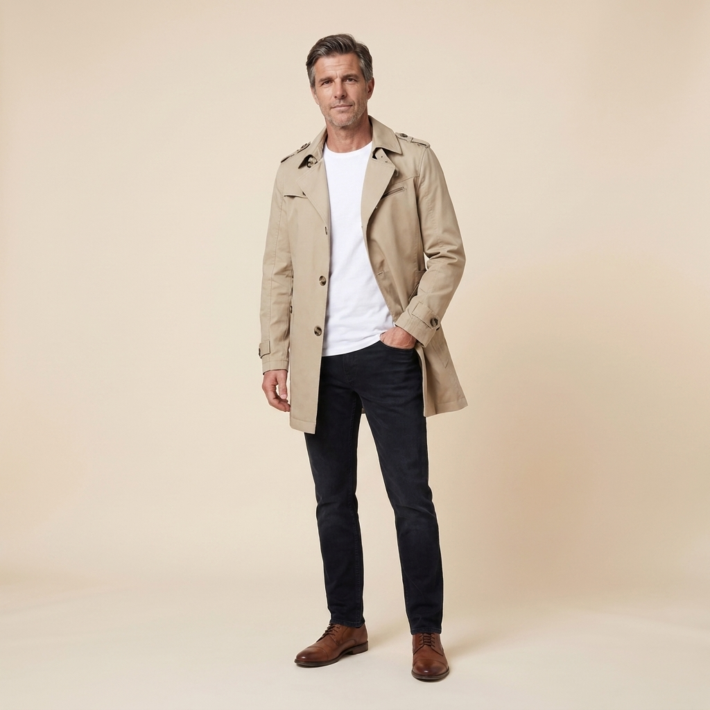 Carter Trench Coat in beige – styled view