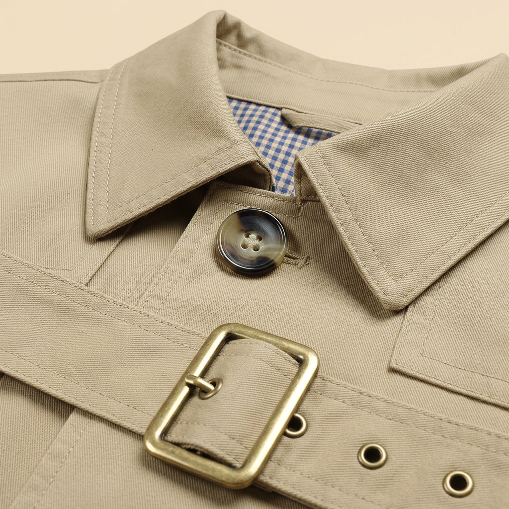 Carter Trench Coat – collar, button and belt buckle detail view