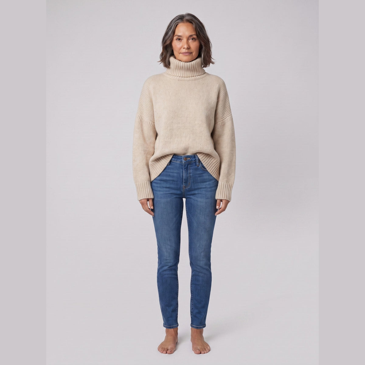 Cleo Cozy Turtleneck Sweater in beige – front view