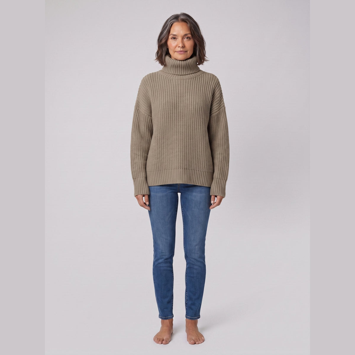 Cleo Cozy Turtleneck Sweater in khaki – front view