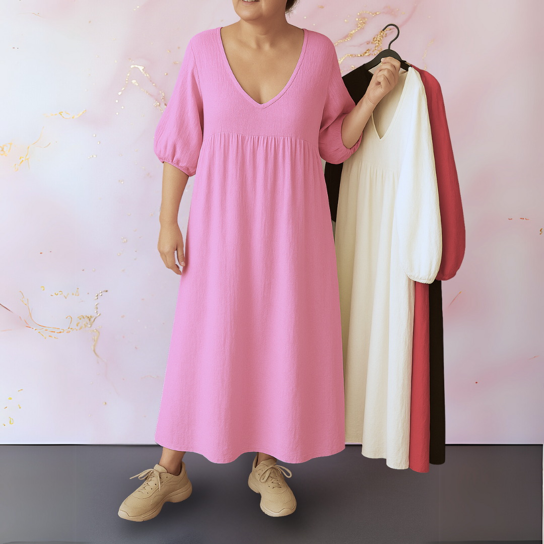 Cléo Solid Color V-Neck Dress – styled view