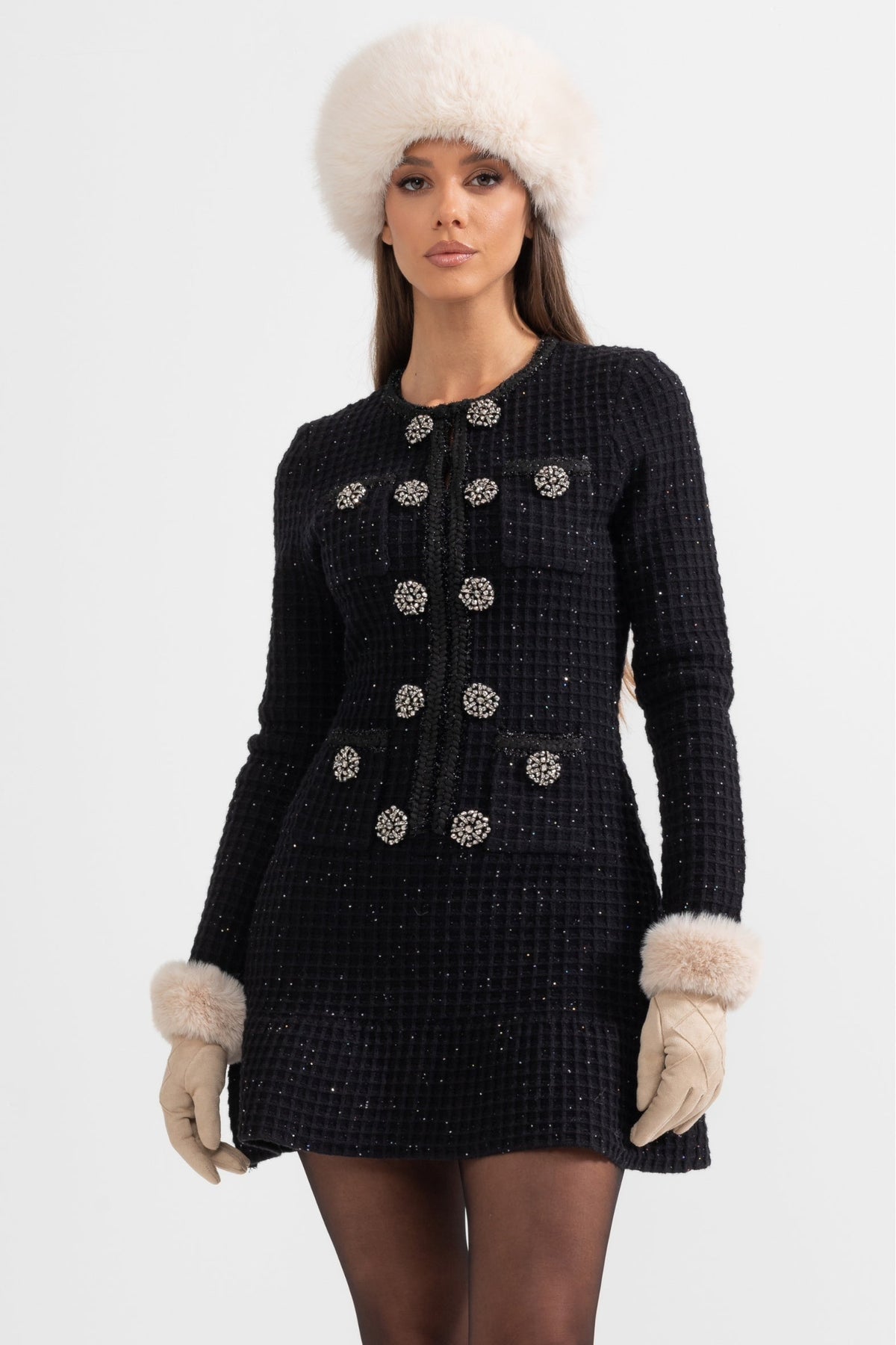 Colette Jewel Button Tweed Mini Dress – front view