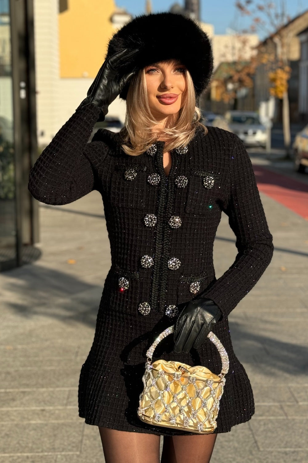 Colette Jewel Button Tweed Mini Dress – styled view