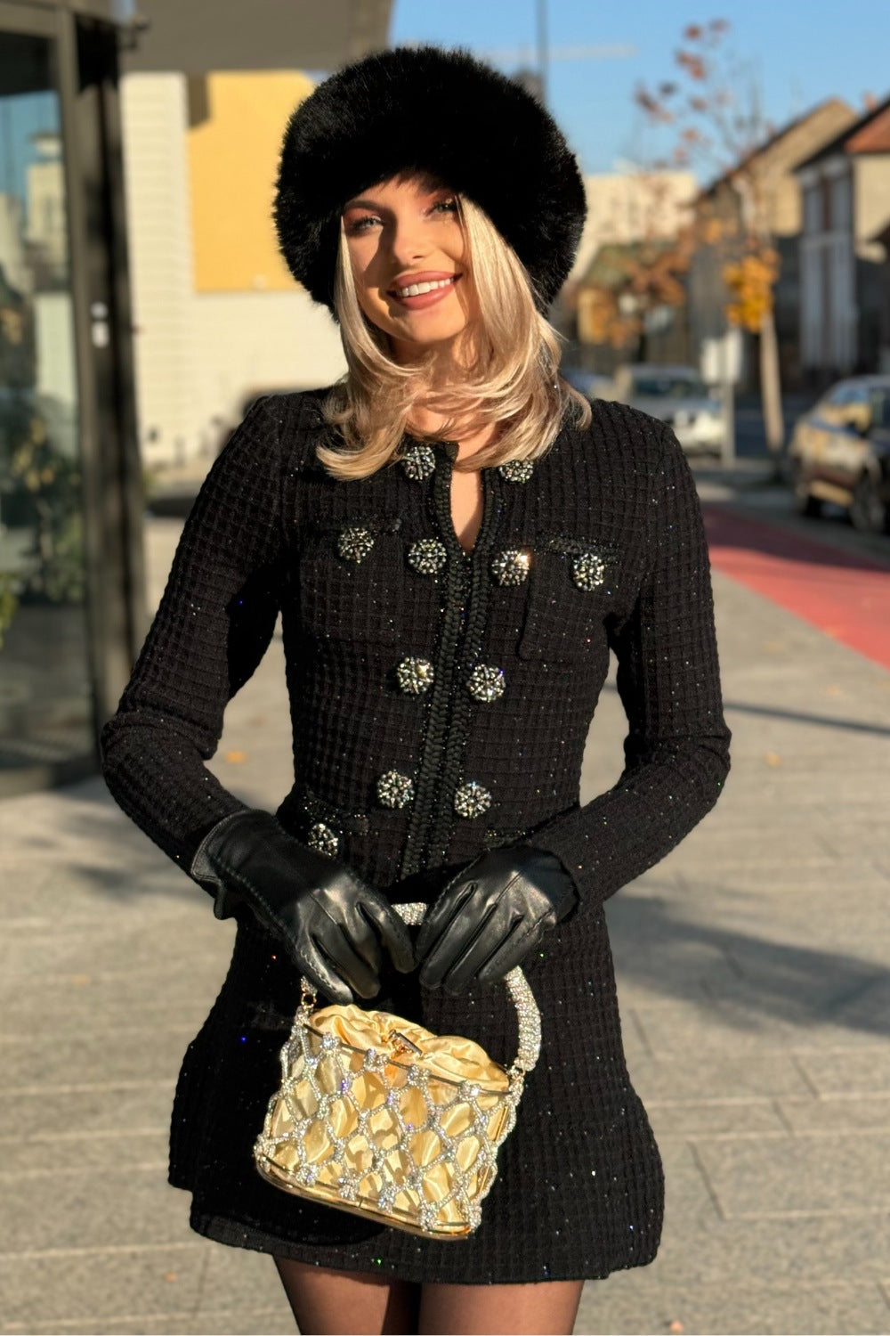 Colette Jewel Button Tweed Mini Dress – front view