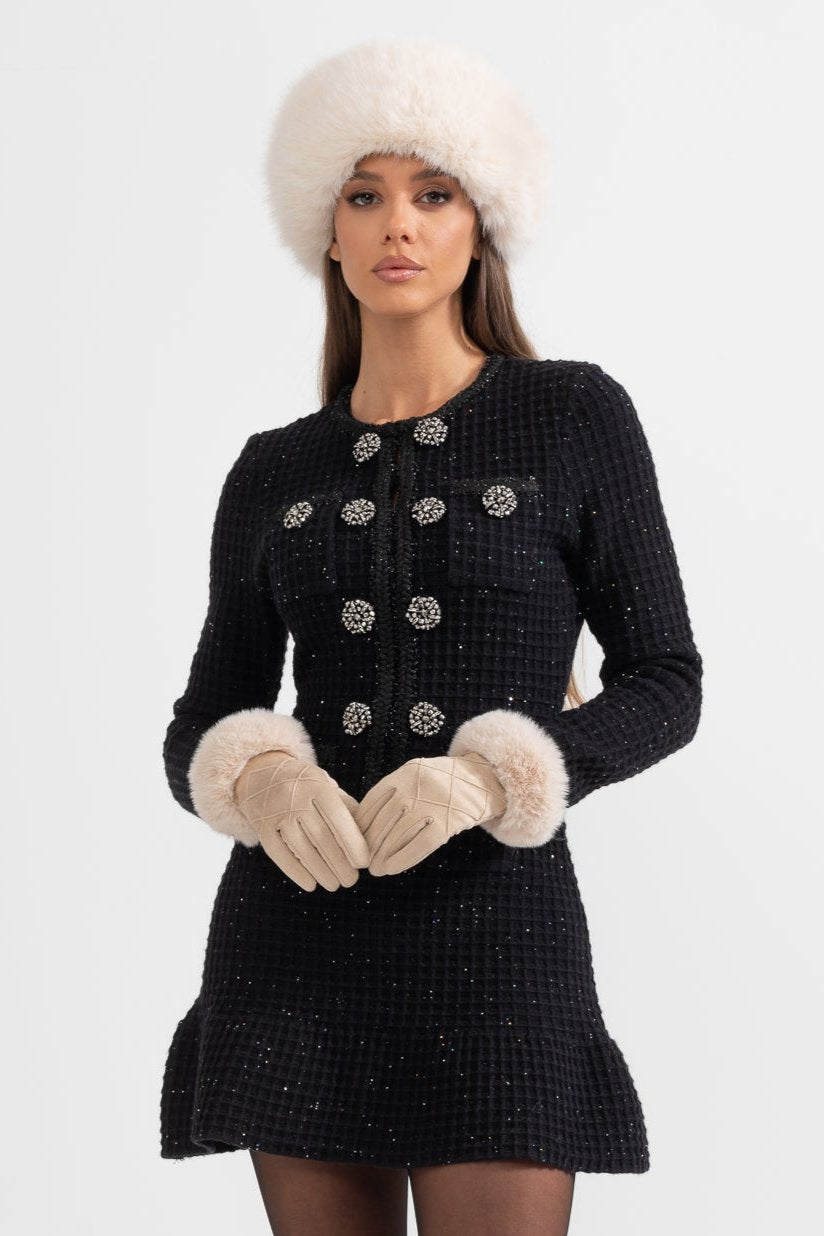 Colette Jewel Button Tweed Mini Dress – styled view