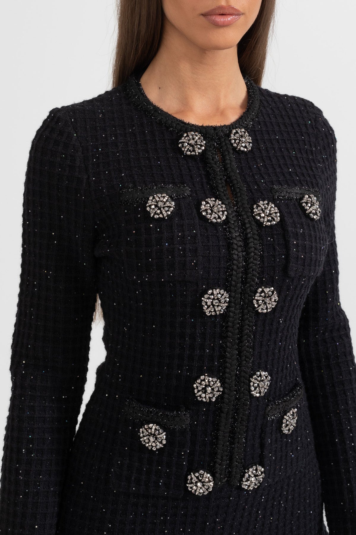 Colette Jewel Button Tweed Mini Dress – detail view