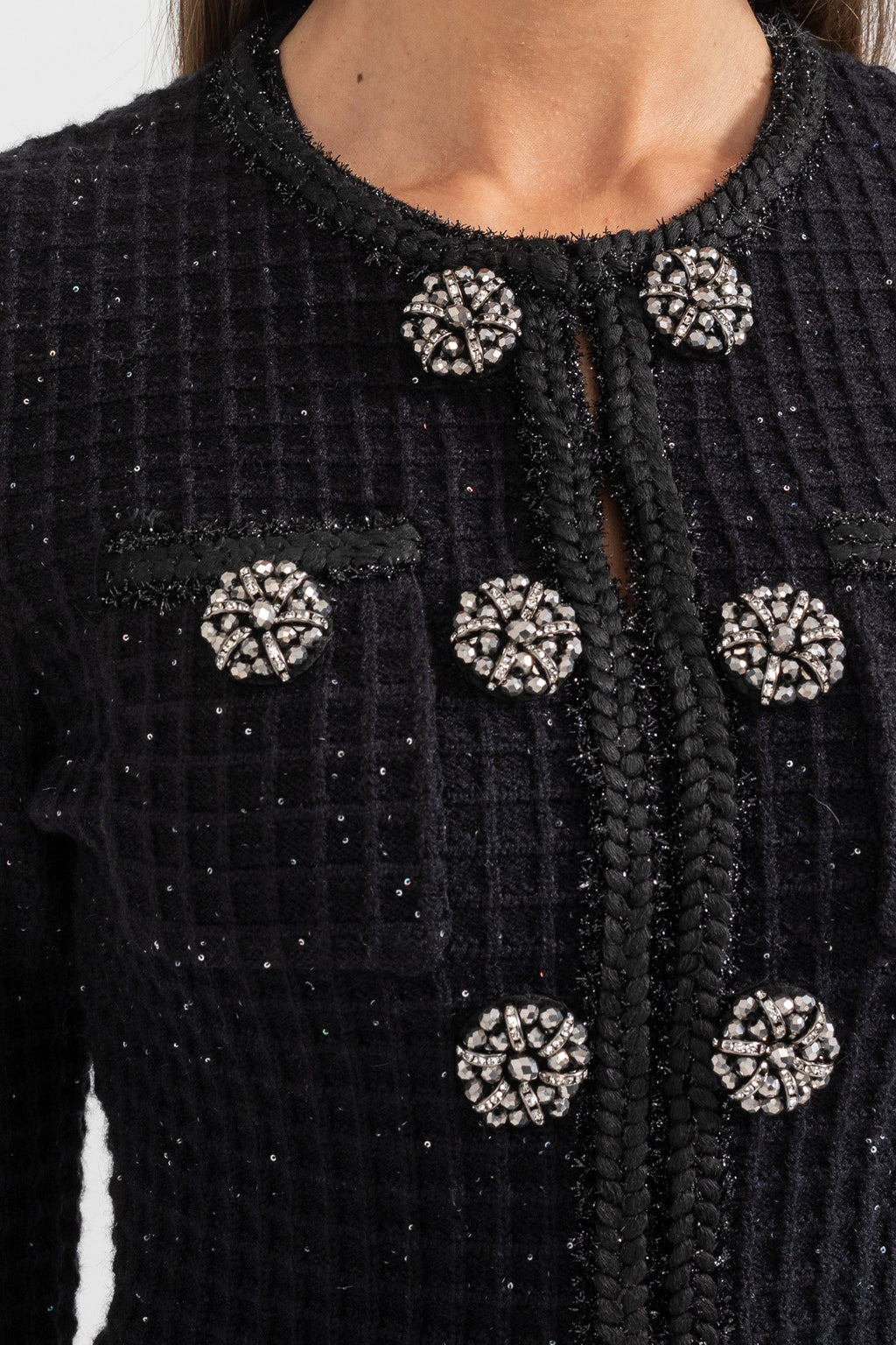 Colette Jewel Button Tweed Mini Dress – close-up