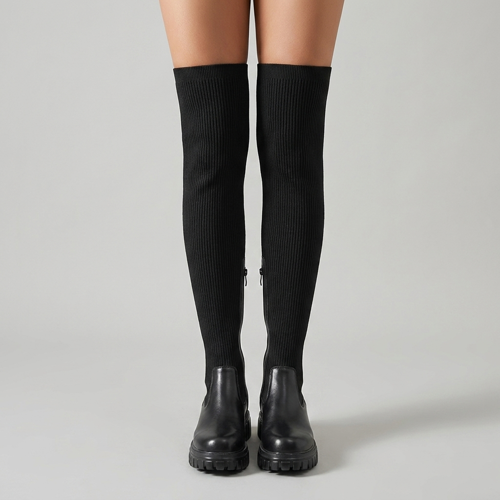 Dagny | Ribbed Knit Over-The-Knee Boots – Black front view