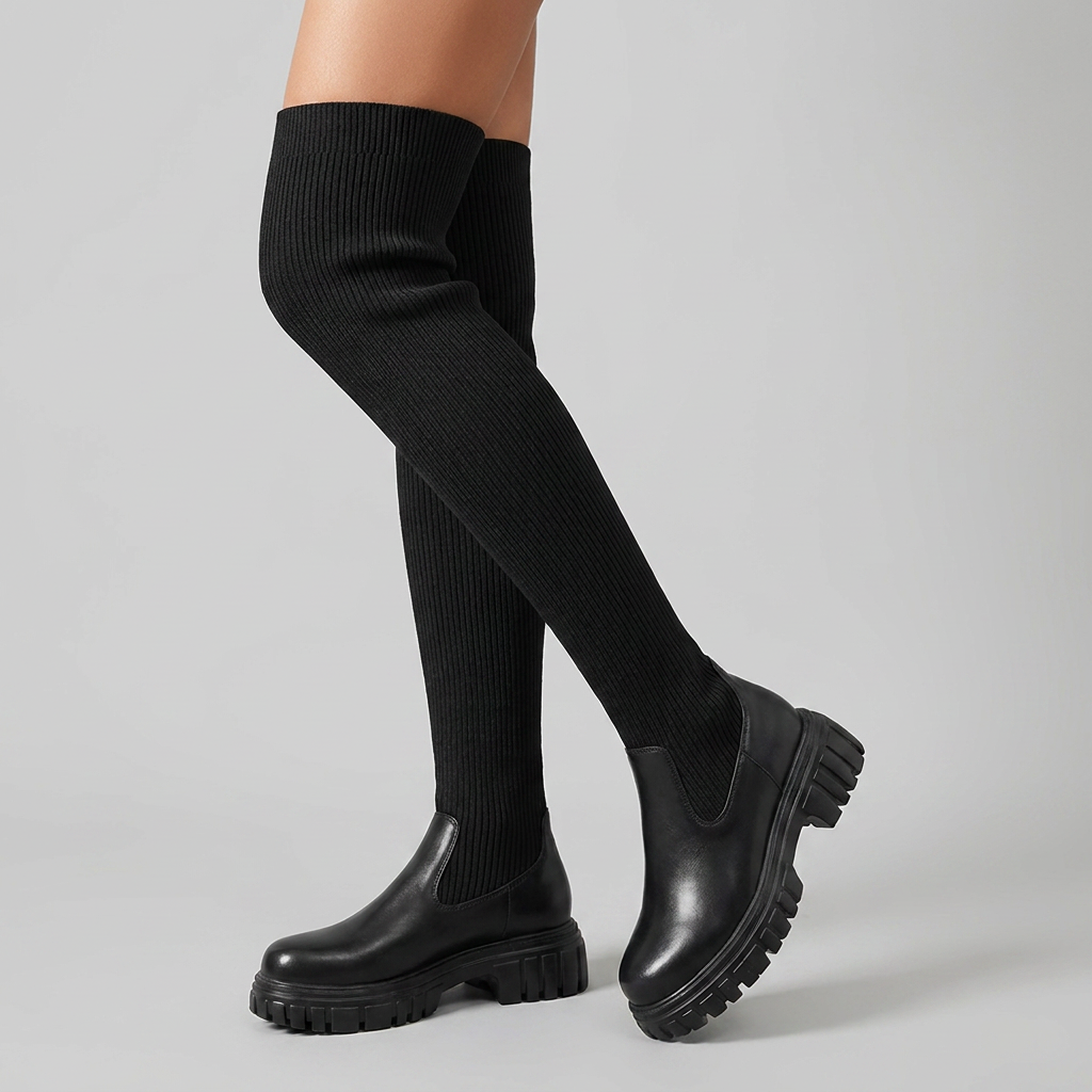 Dagny | Ribbed Knit Over-The-Knee Boots – Black side view