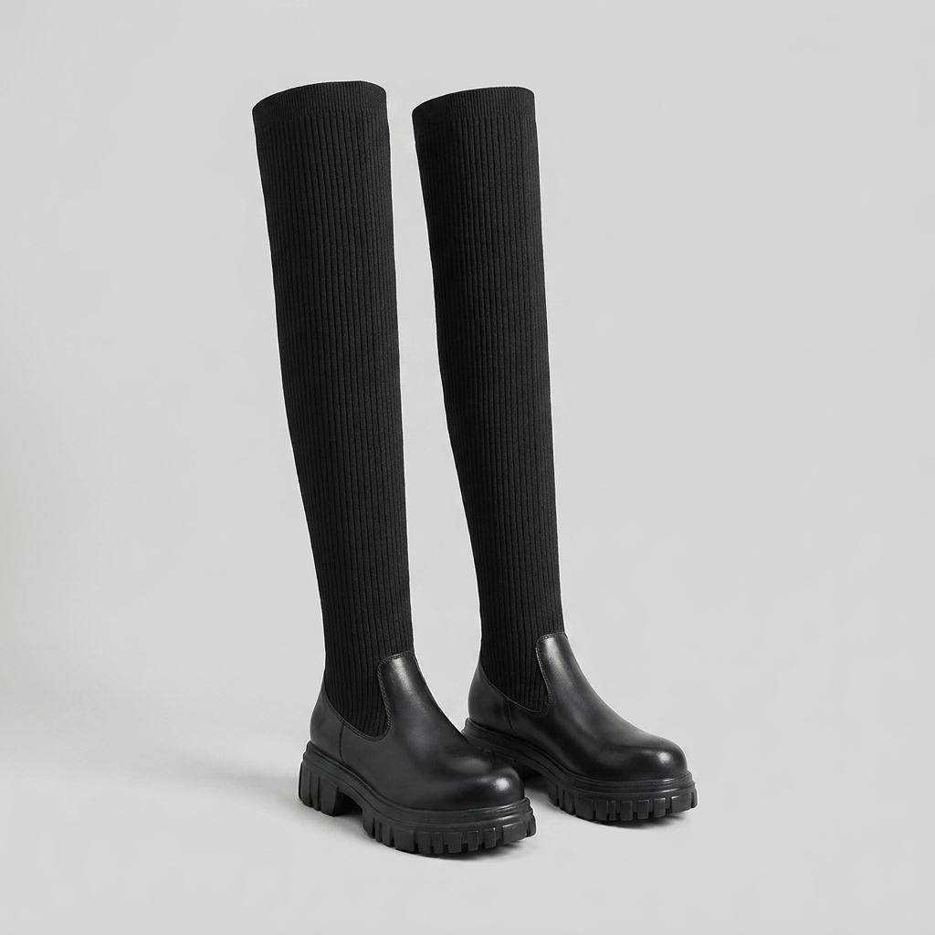 Dagny | Ribbed Knit Over-The-Knee Boots – Black pair view
