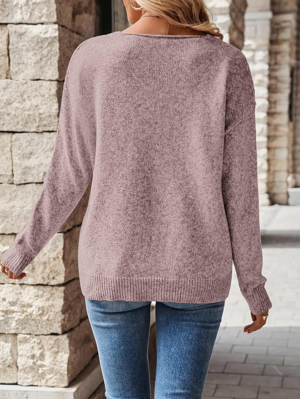 Elaine Relaxed V-Neck Pointelle Knit Sweater by Vera Noir – image 9