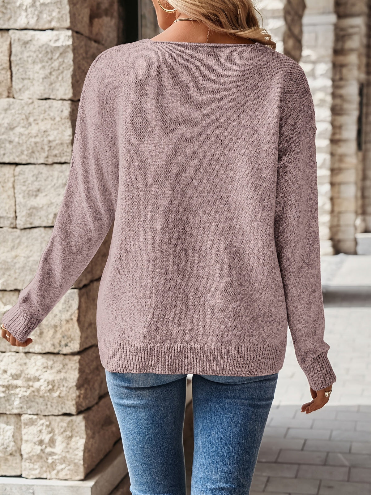 Elaine Relaxed V-Neck Pointelle Knit Sweater by Vera Noir – image 9