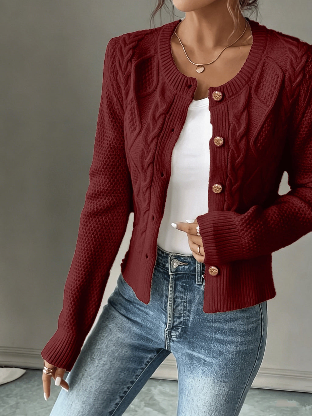 Eleanore | Cable-Knit Button-Front Cardigan – front view