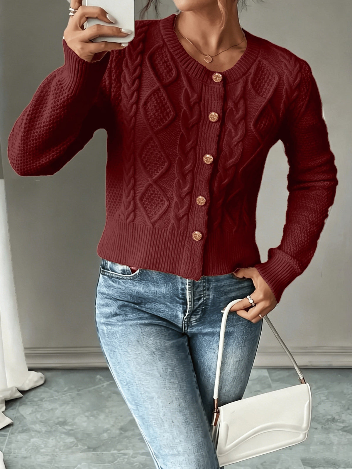 Eleanore | Cable-Knit Button-Front Cardigan – styled view