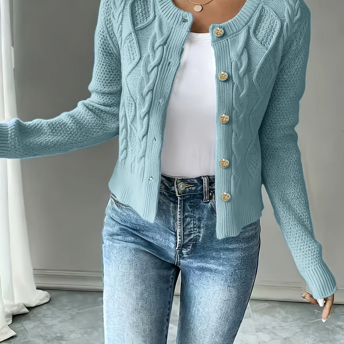 Eleanore | Cable-Knit Button-Front Cardigan – detail view