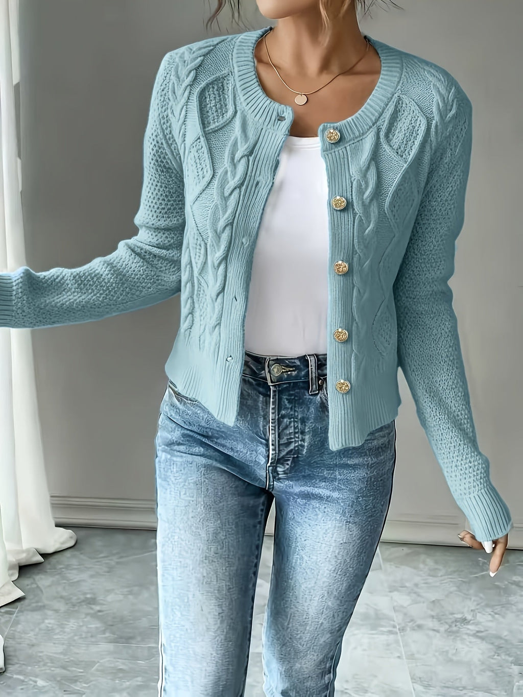 Eleanore | Cable-Knit Button-Front Cardigan – front view