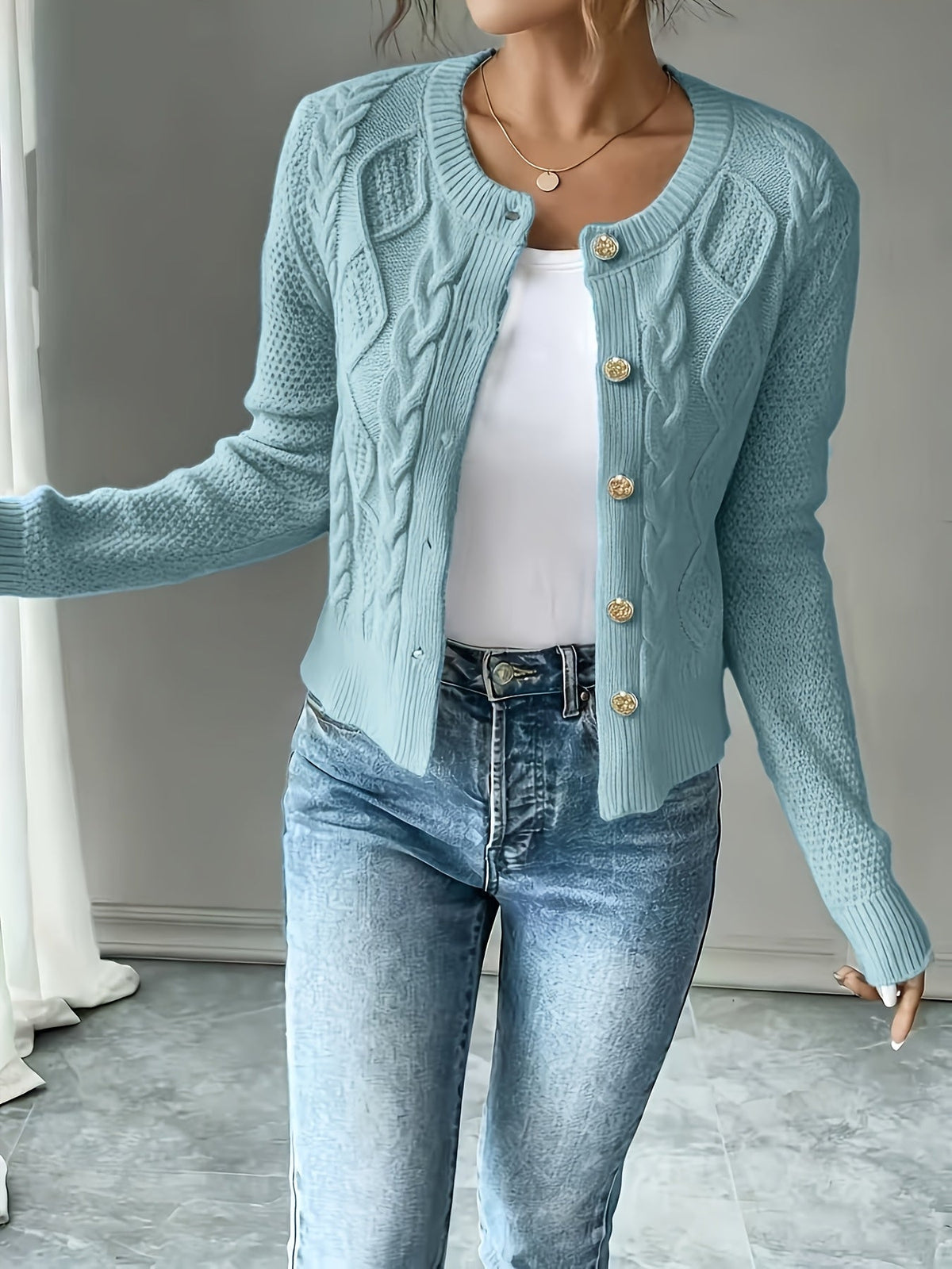 Eleanore | Cable-Knit Button-Front Cardigan – front view