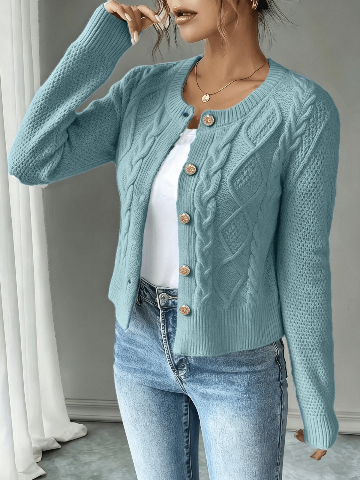 Eleanore | Cable-Knit Button-Front Cardigan – front view