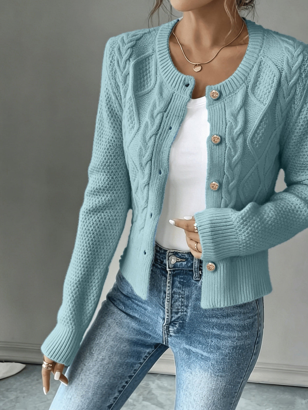 Eleanore | Cable-Knit Button-Front Cardigan – front view