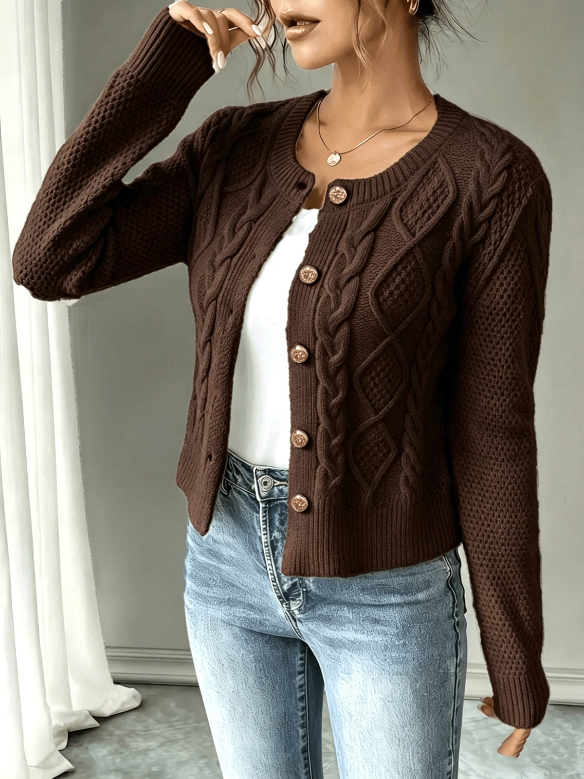 Eleanore | Cable-Knit Button-Front Cardigan – front view