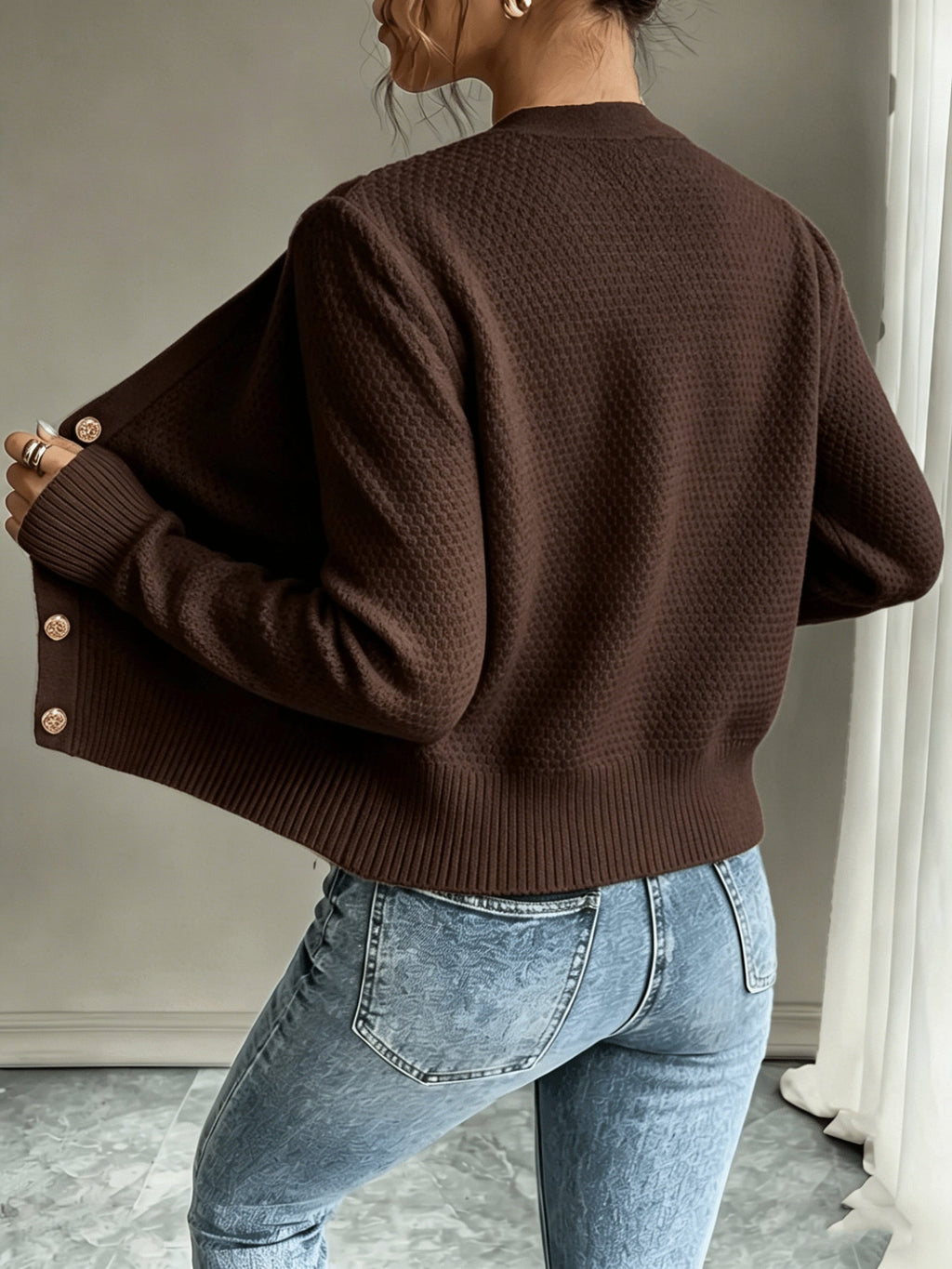 Eleanore | Cable-Knit Button-Front Cardigan – back view