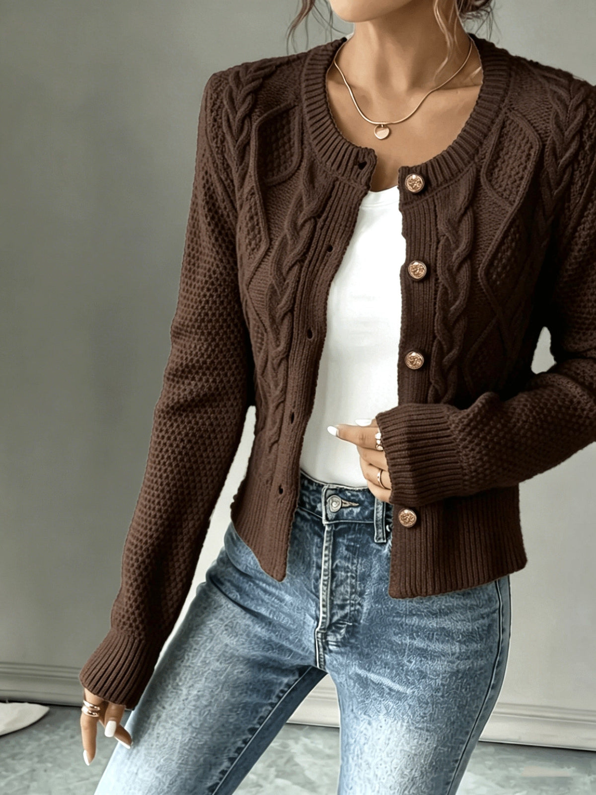 Eleanore | Cable-Knit Button-Front Cardigan – front view