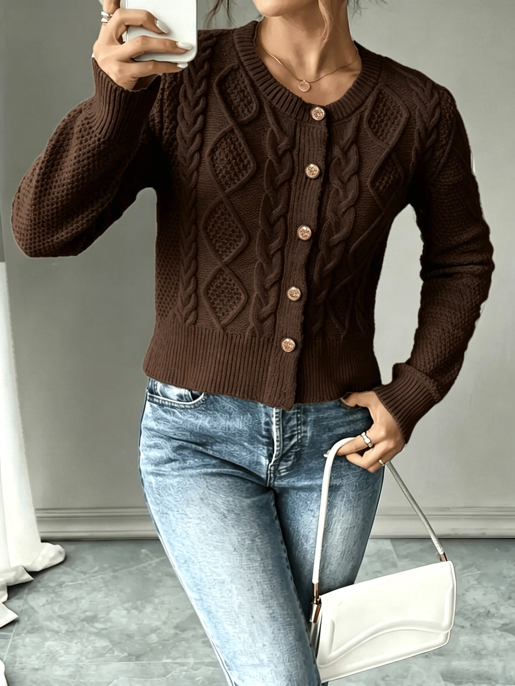 Eleanore | Cable-Knit Button-Front Cardigan – front view